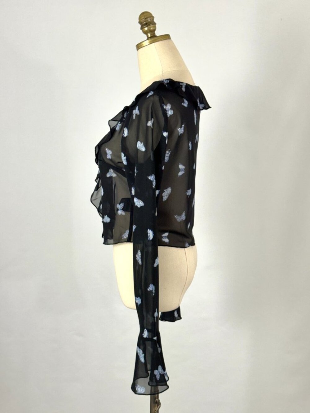 Y2K Butterfly Sheer Crop Cardigan Top Bell Sleeves Ruffle Dark Fairy Whimsical - Picture 6 of 9